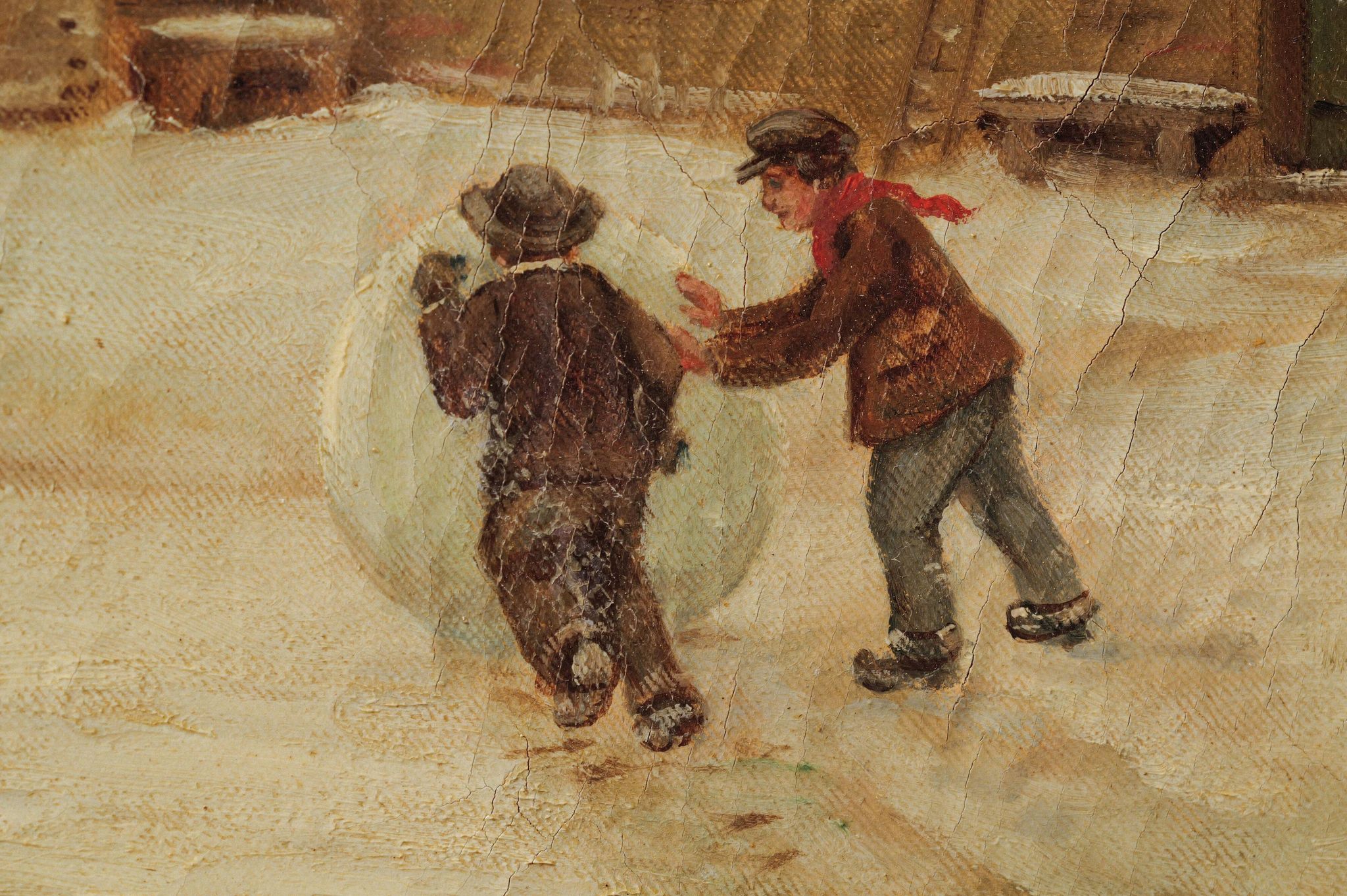 Enfants jouant dans la neige, huile sur toile, signée, vers 1900