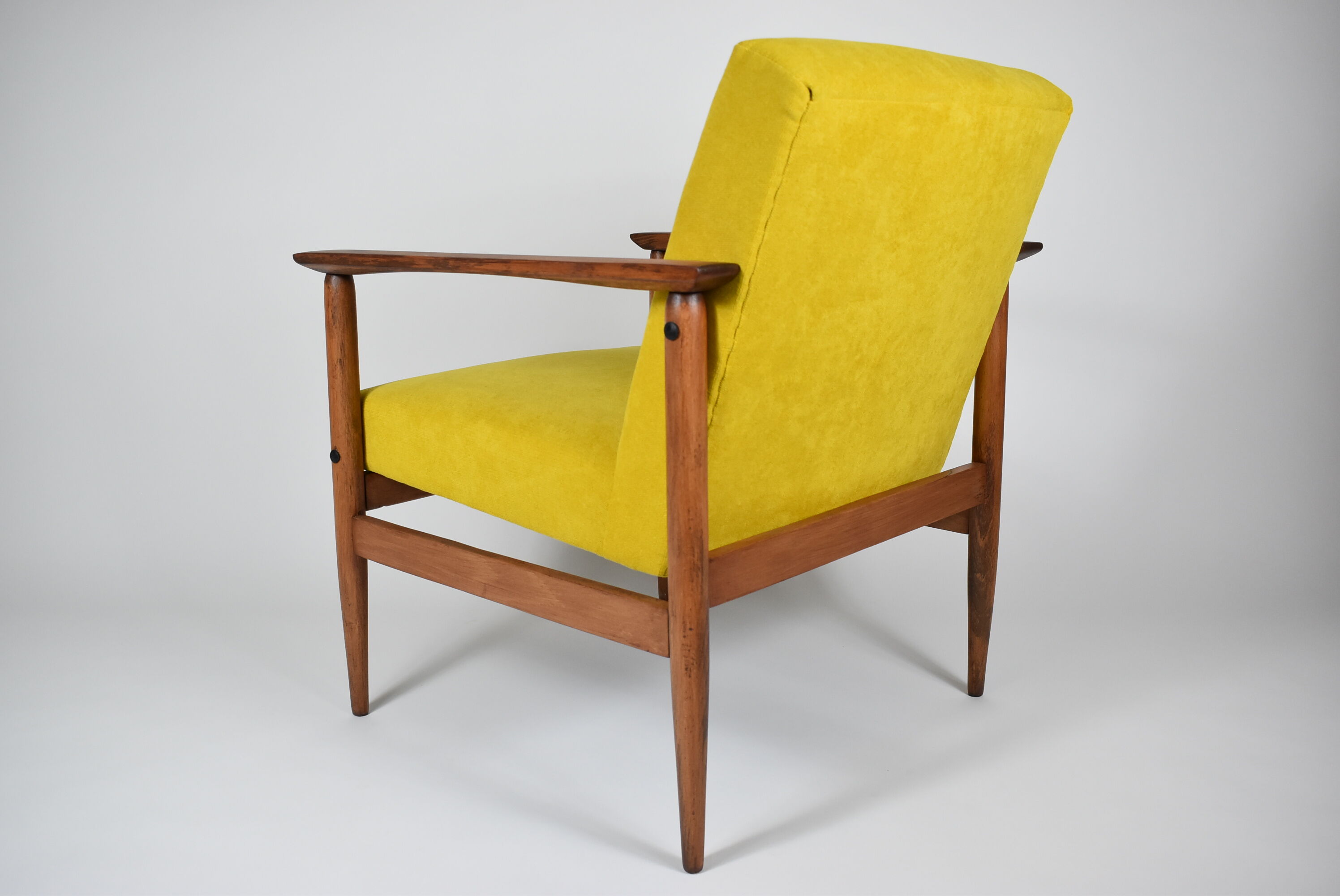 Vintage armchair yellow fabric, teak wood, 1960s