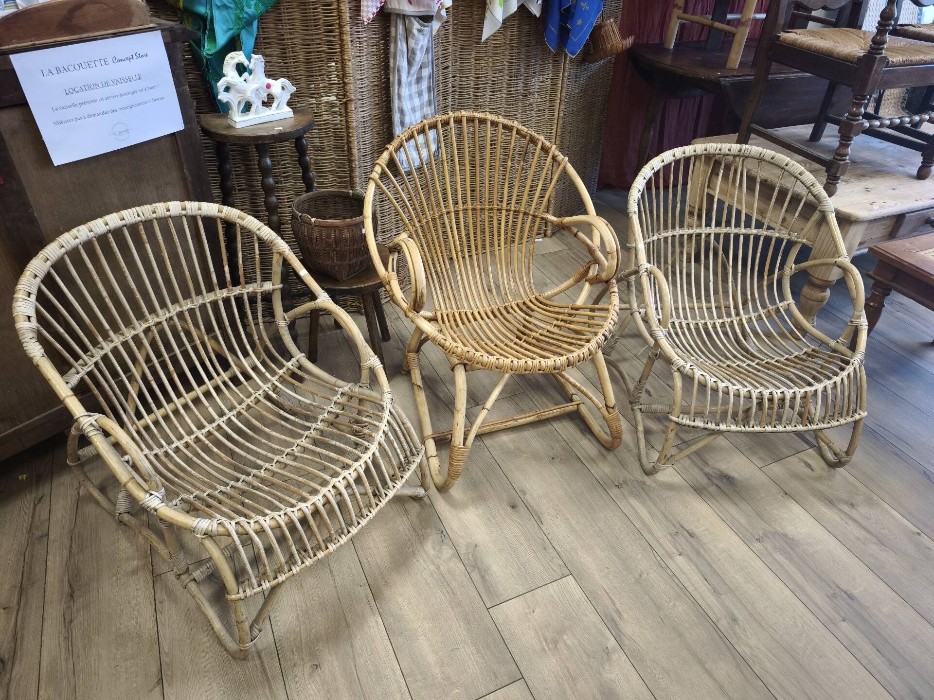Set of 3 vintage rattan armchairs