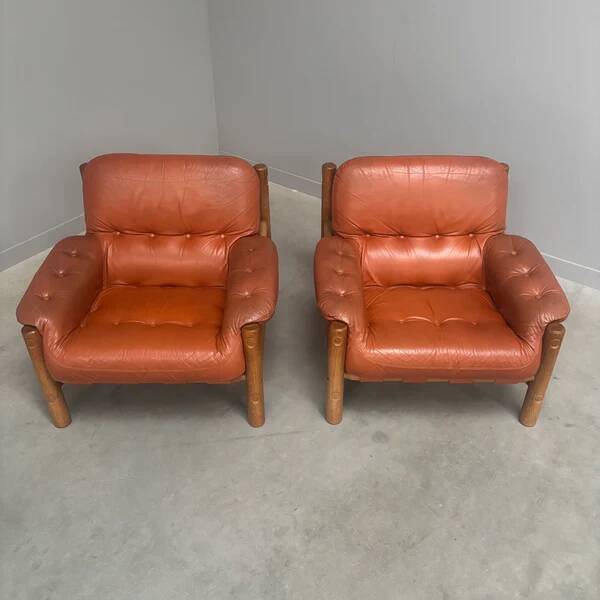 Set brutalist, Brazilian style leather lounge chairs, 1960s