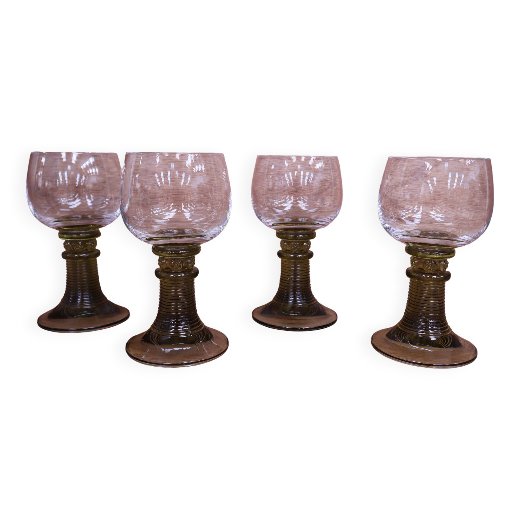 4 Roemer style wine glasses with large olive green stems