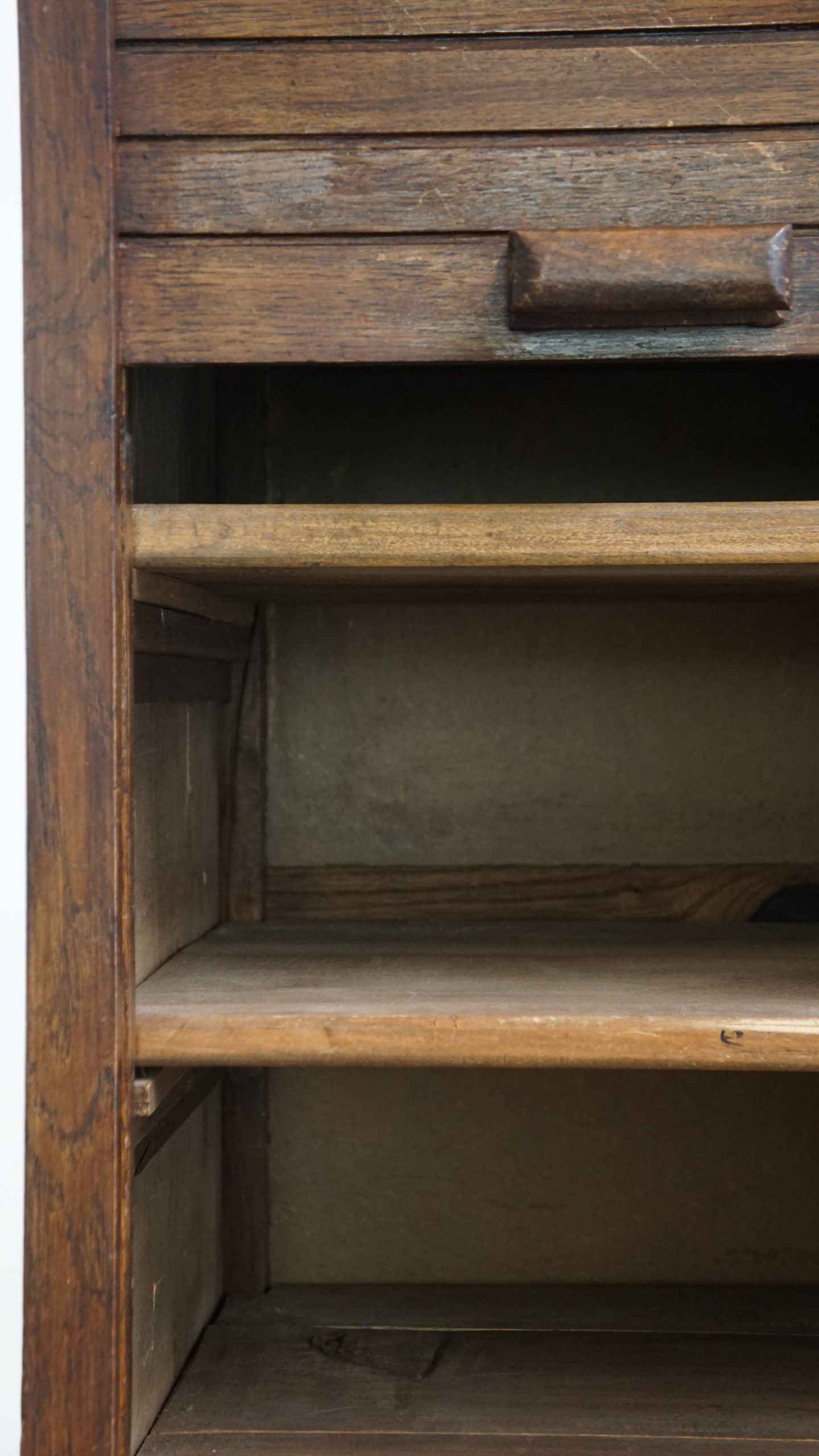 Antique oak notary cabinet with two roller doors and a working lock