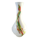 Blown Murano/White Opaline Art glass vase, polychrome smoke scroll inclusions. 28.5 x 14 cm