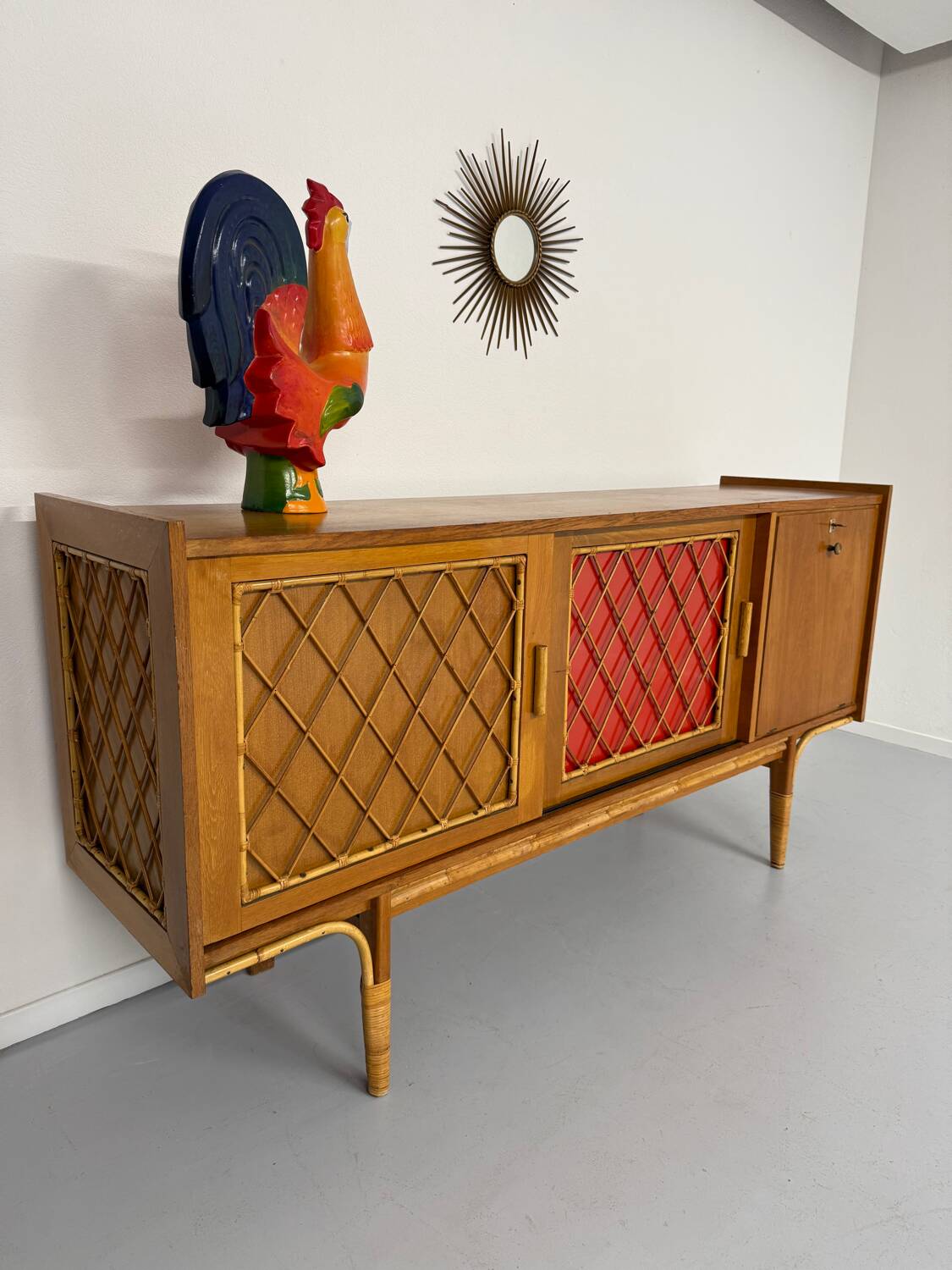 Antique French vintage 50s design wooden and rattan sideboard