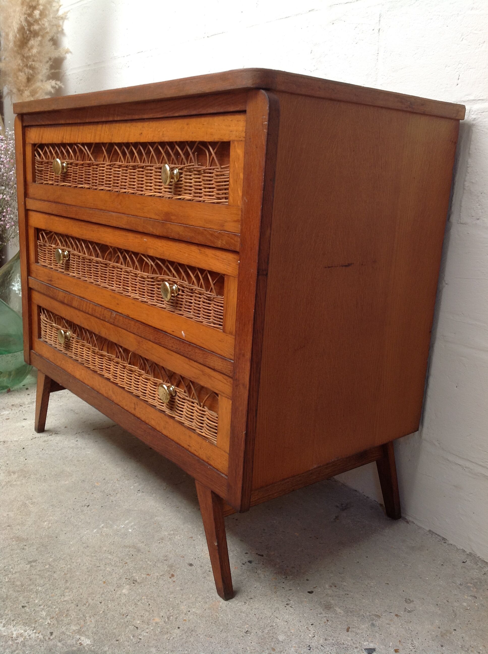 Vintage wooden and rattan dresser