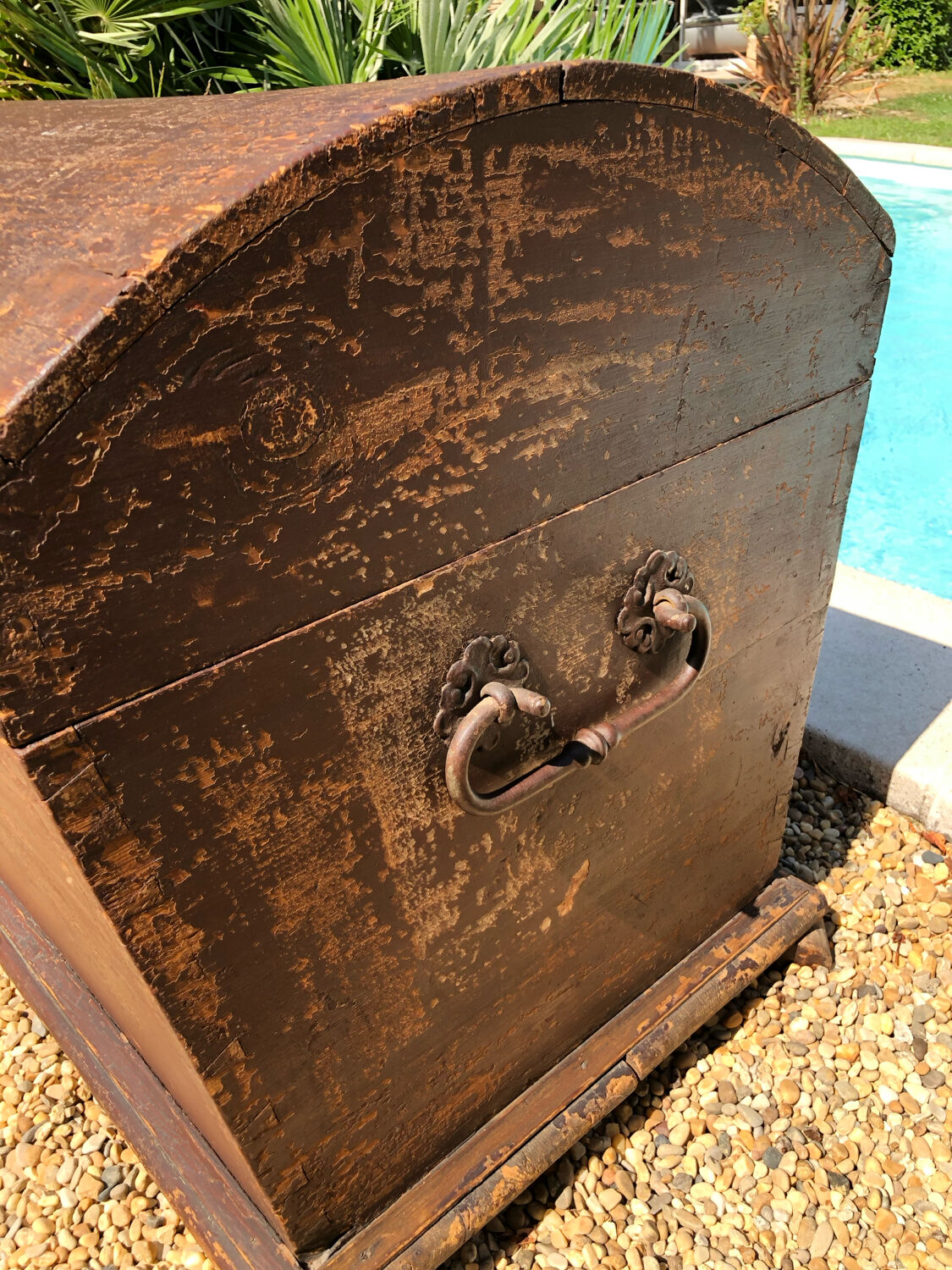 19th-century curved antique wooden chest