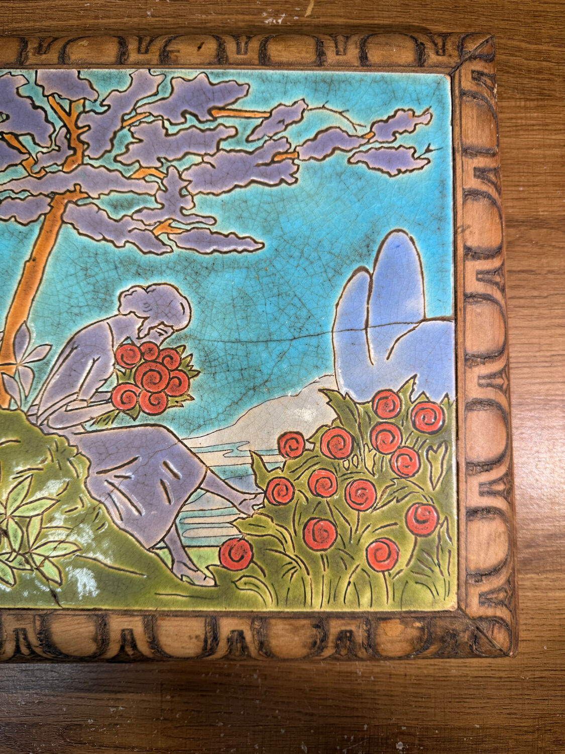 Antique trivet Enamels of Longwy woman landscape decoration