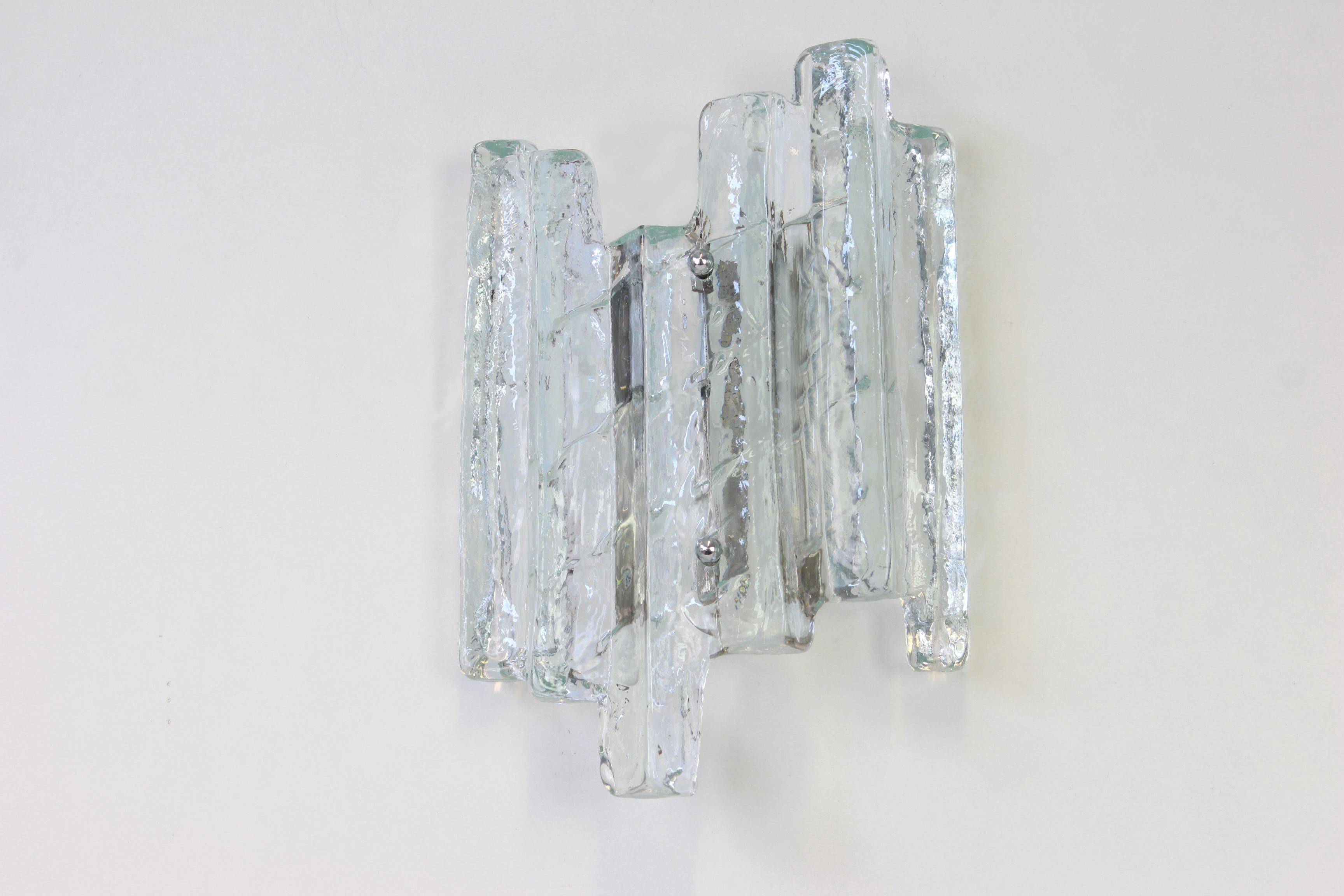 Pairs of large Kalmar-style wall lights in Murano glass, Austria, 1960s.