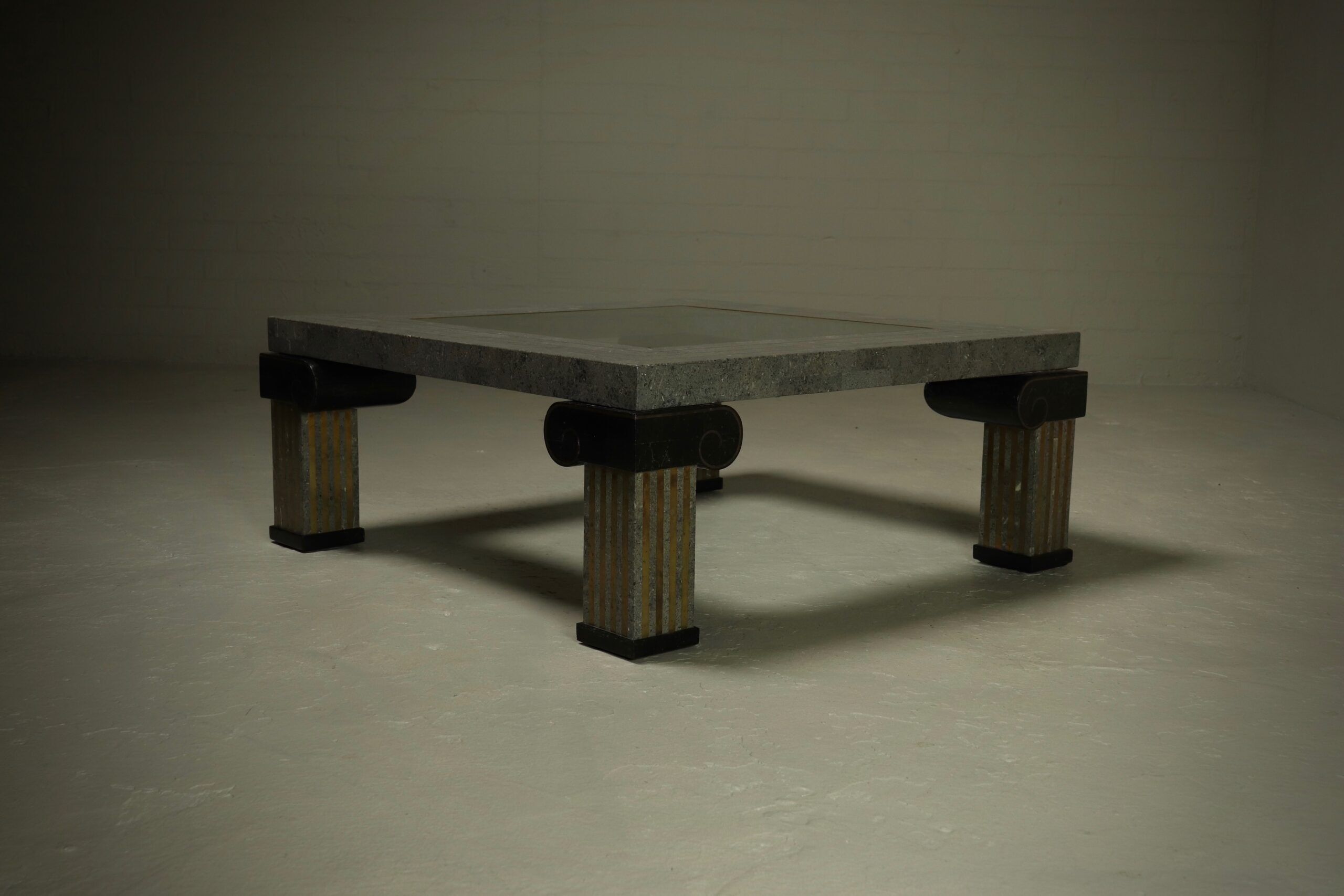 Large Maitland-Smith tessellated stone and brass coffee table 1980s