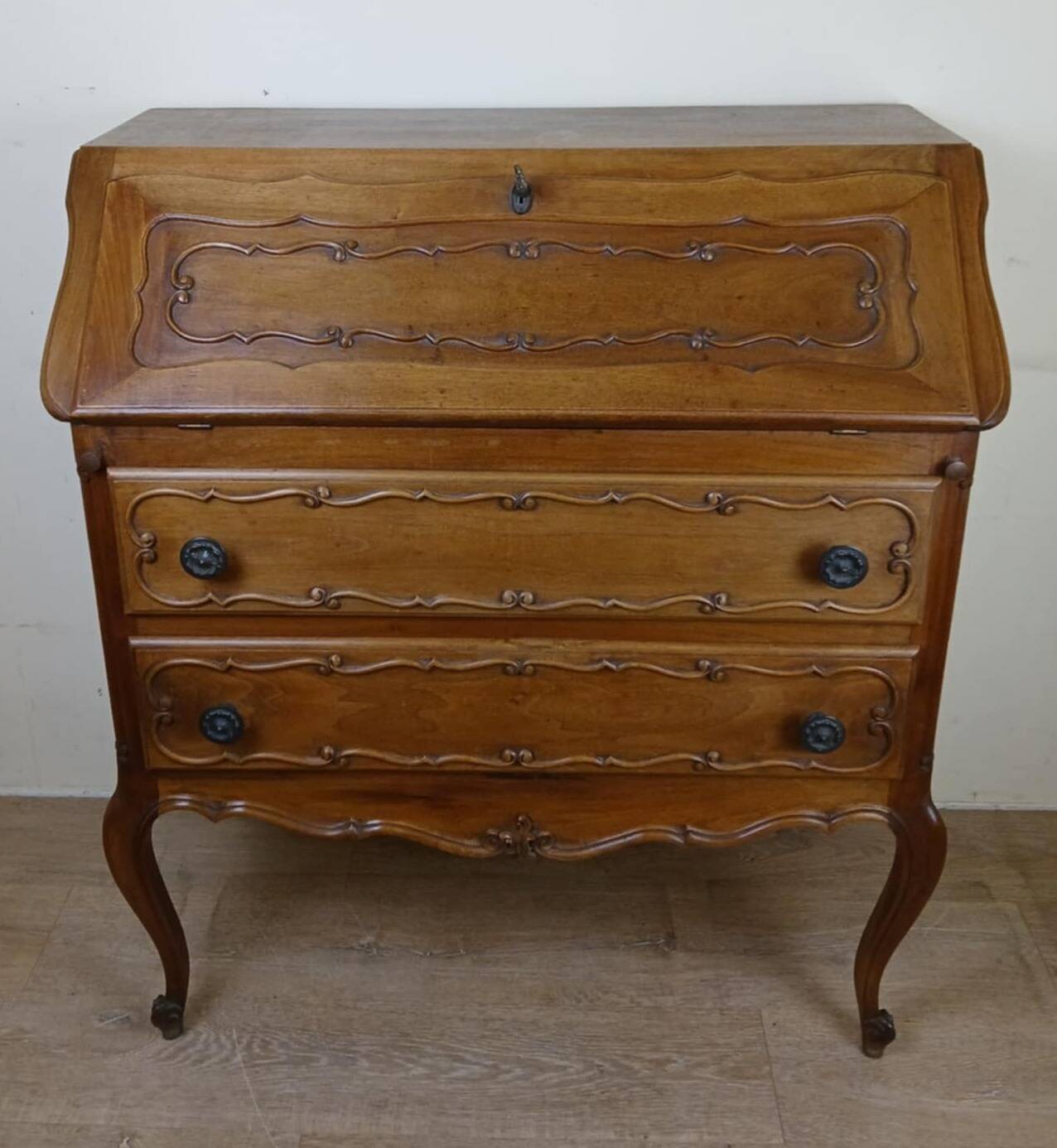 Louis XV Baroque scriban chest of drawers in solid wood, 20th century