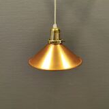 Copper hanging lamp with brass colored top and white inside lacquer.