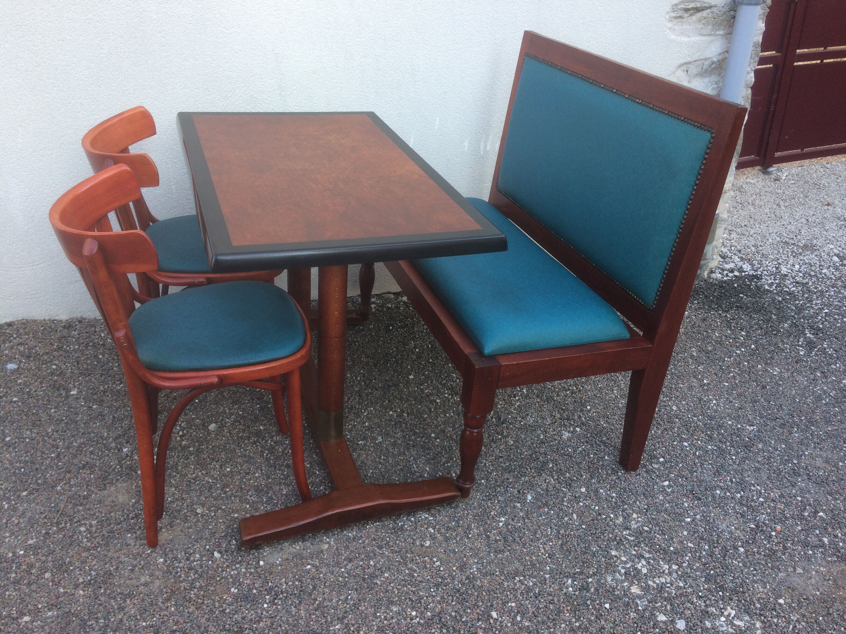 Bistro table, two chairs, one bench