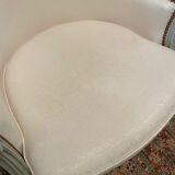 Armchair and 2 chairs set in Louis XVI style, light fabric, patinated wood.