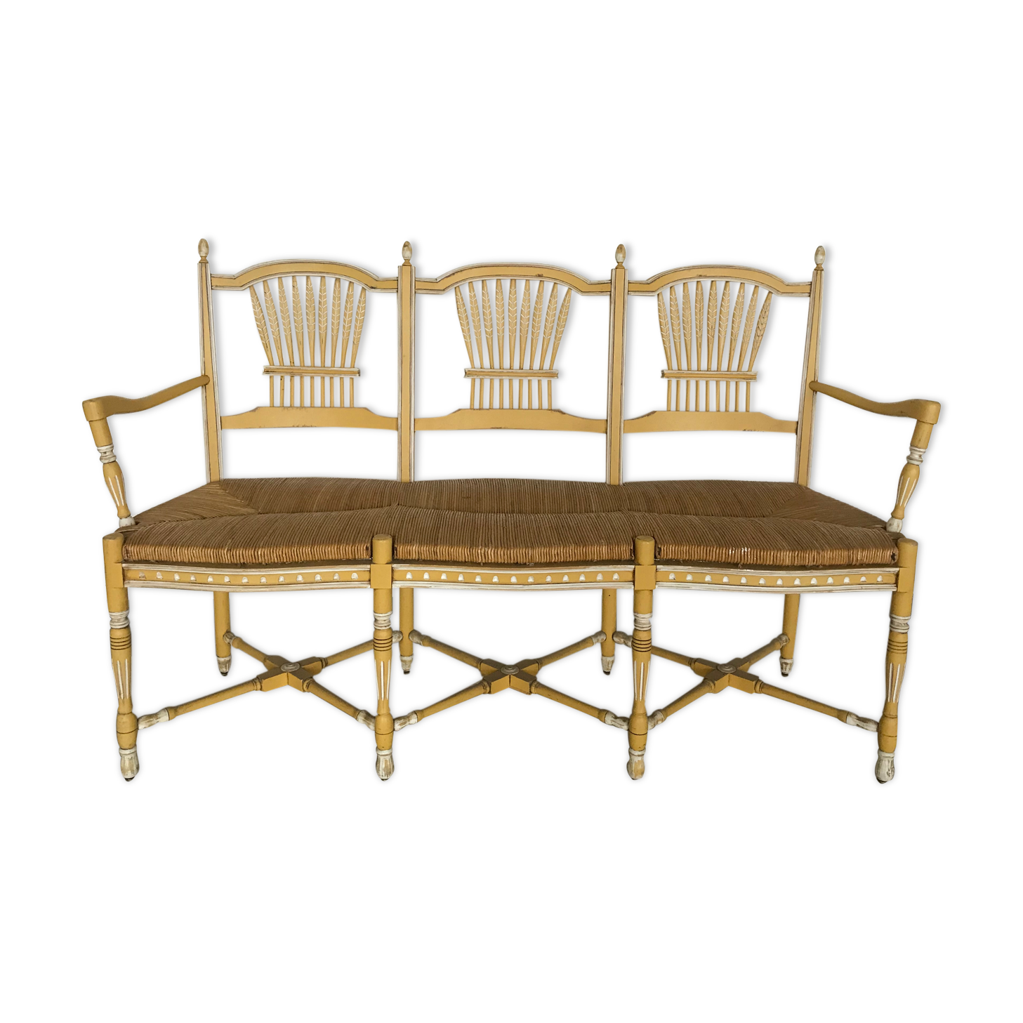 Painted wooden Provençal bench, three-seater
