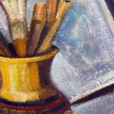 HST/P Painting "Pot with Brushes" Germaine CLAUDOT (1903-1996) Cubism Workshop