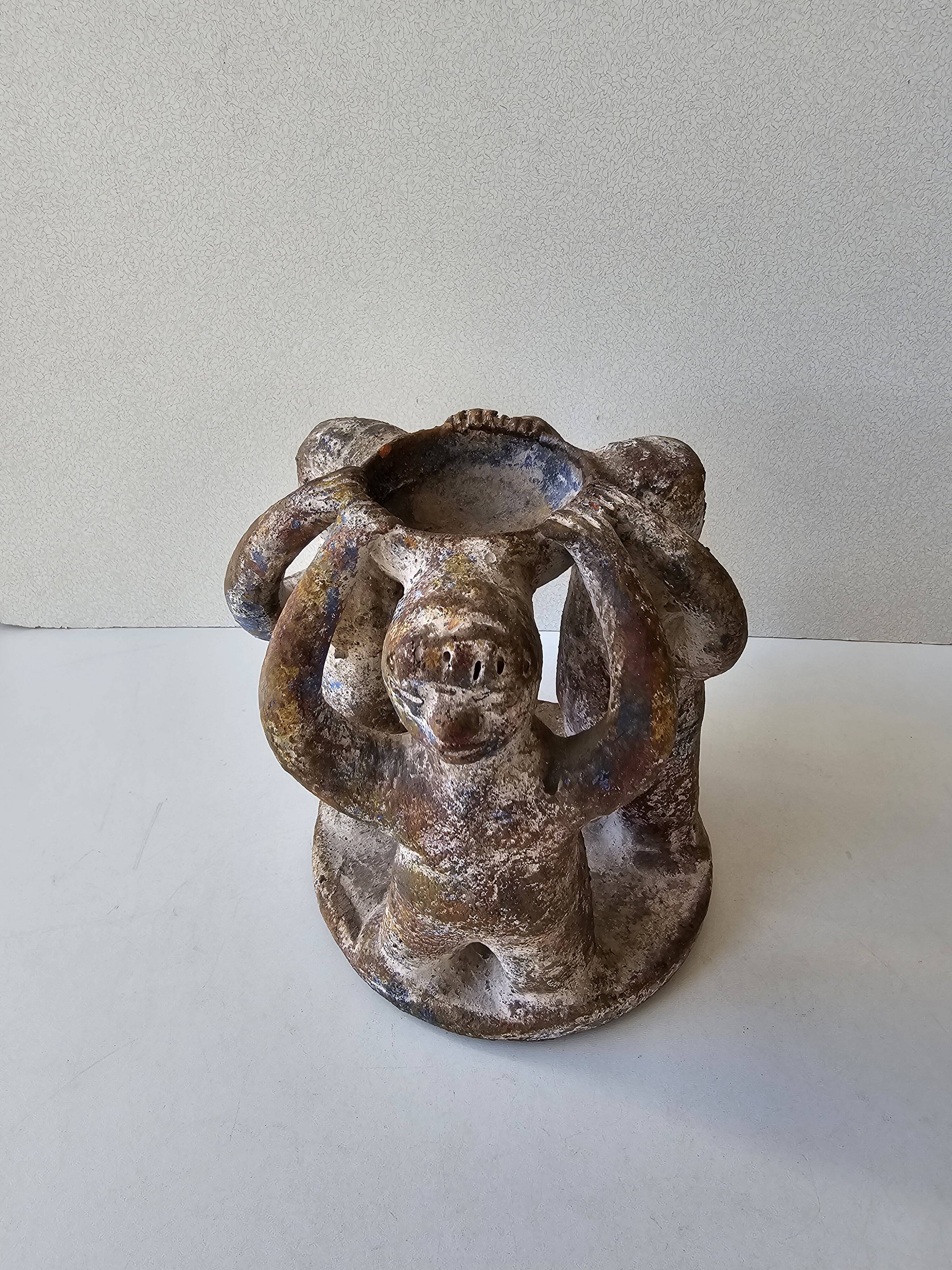 Terracotta Candle Holder Dancing 3 Aztec Characters - Tribal Art