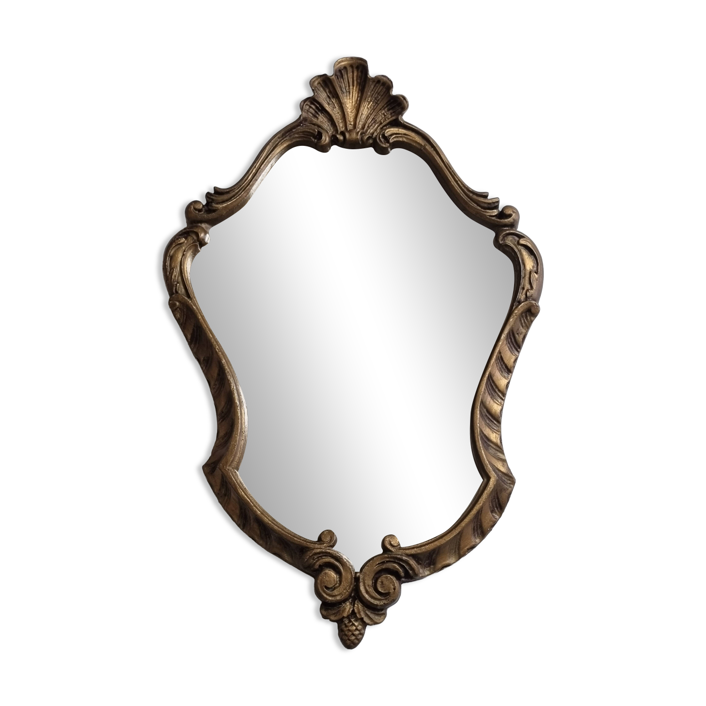 Antique rococo mirror in patinated gilded wood with shell decoration 49 x 31 cm