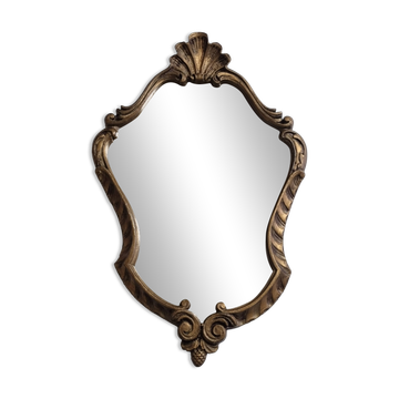 Antique rococo mirror in patinated gilded wood with shell decoration 49 x 31 cm