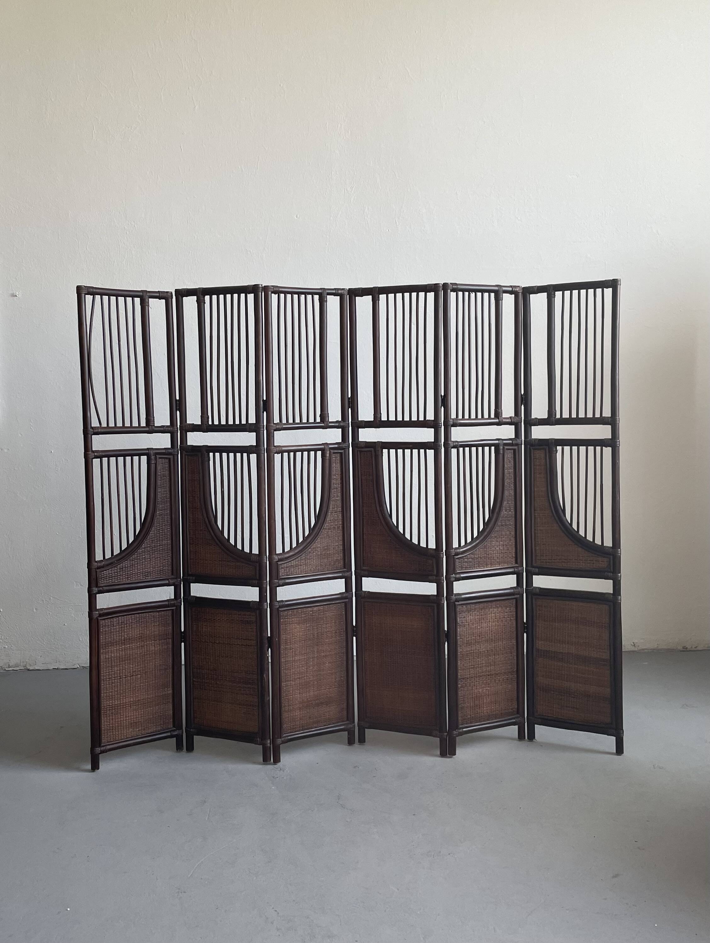 Vintage Six Panel Tinted Bamboo and Rattan Screen, Room Divider