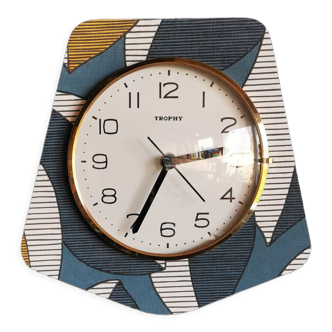 Vintage clock silent trapezoid wall clock "Trophy blue white ochre"