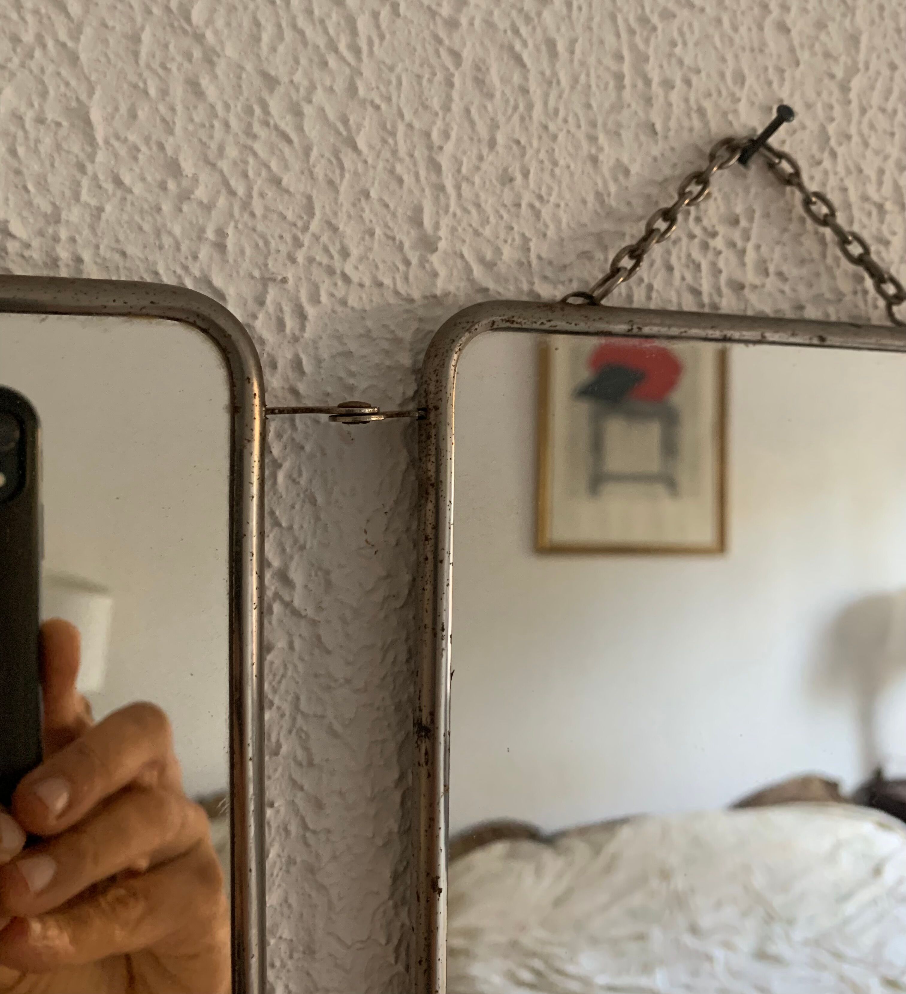 Vintage mirror 1960 triptych barber pink fabric - 21 x 49