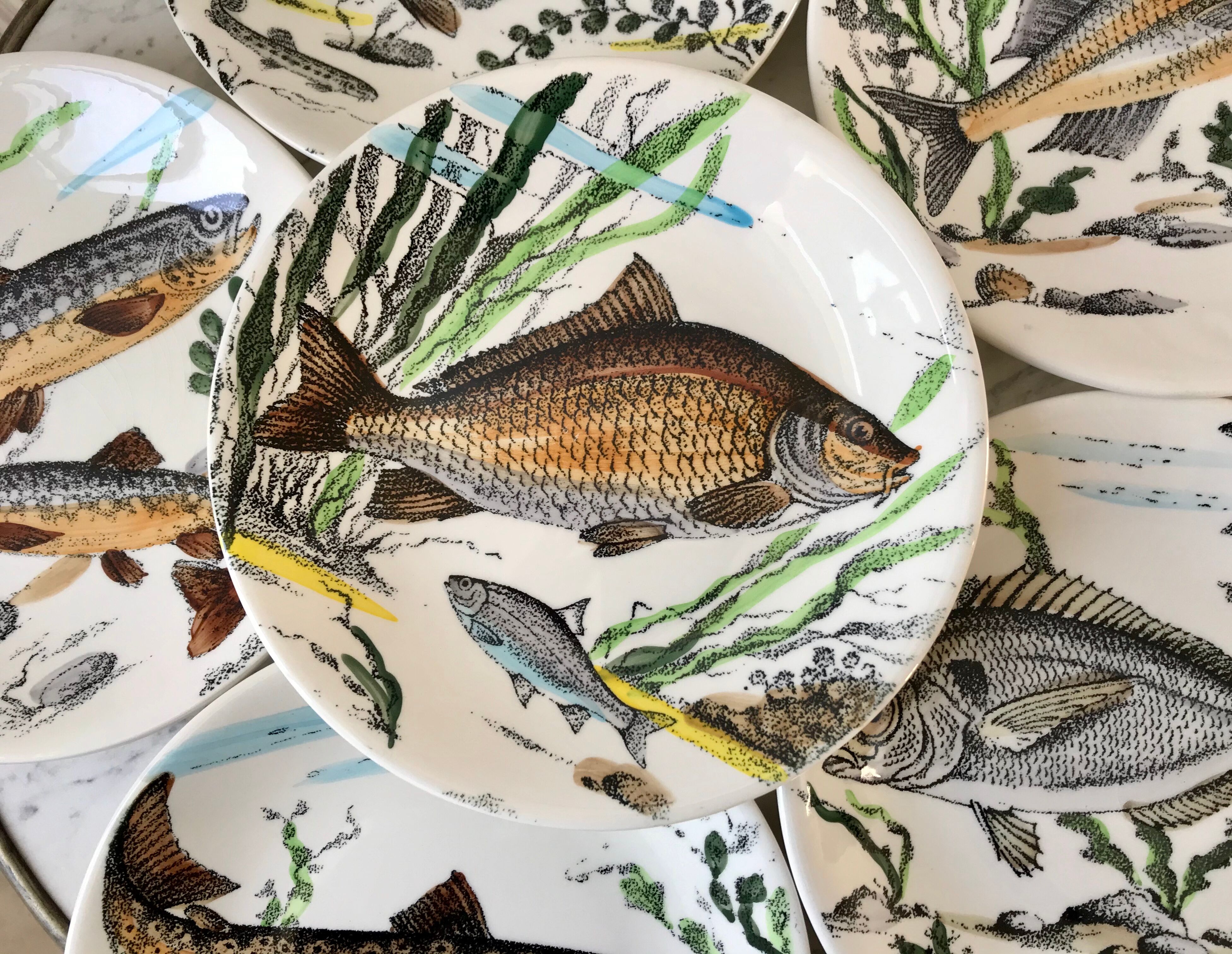 Lot de 6 assiettes plates poissons Gien Chambord années 50