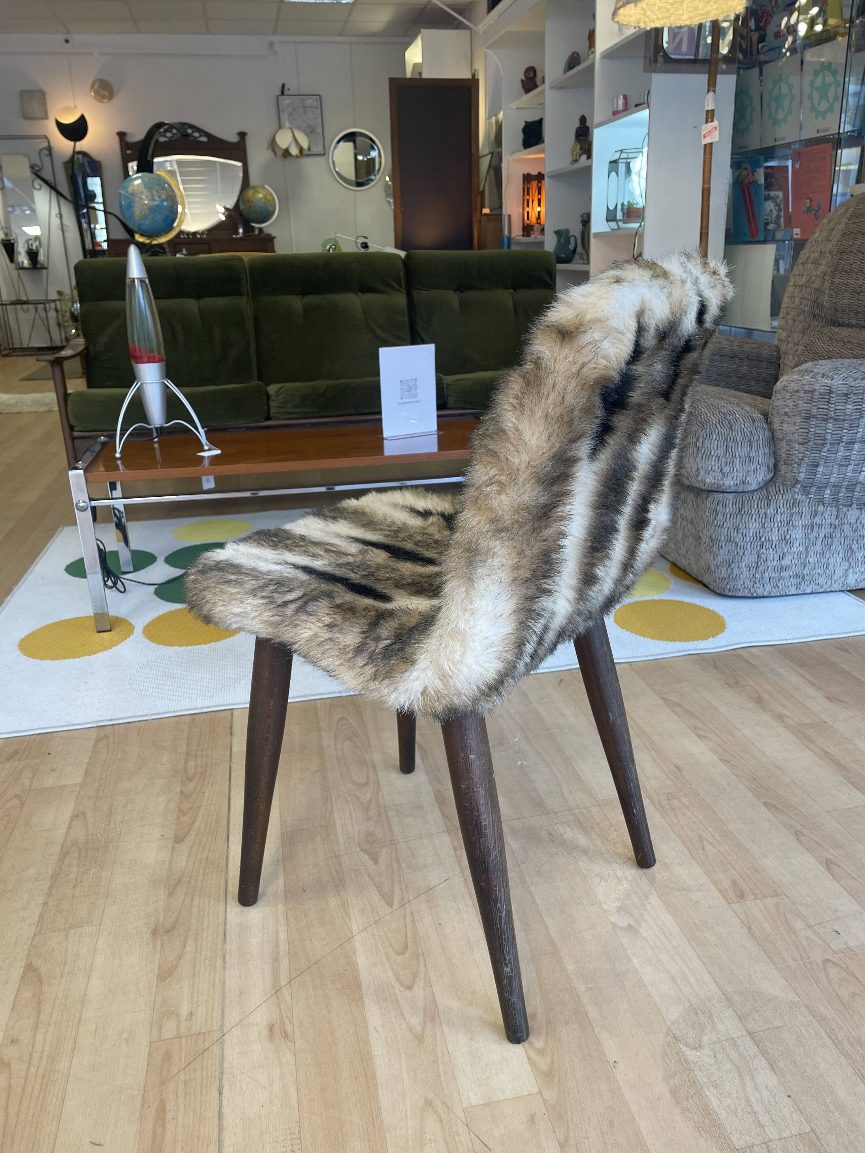 Faux fur chair with patterns & tapered dark wood legs