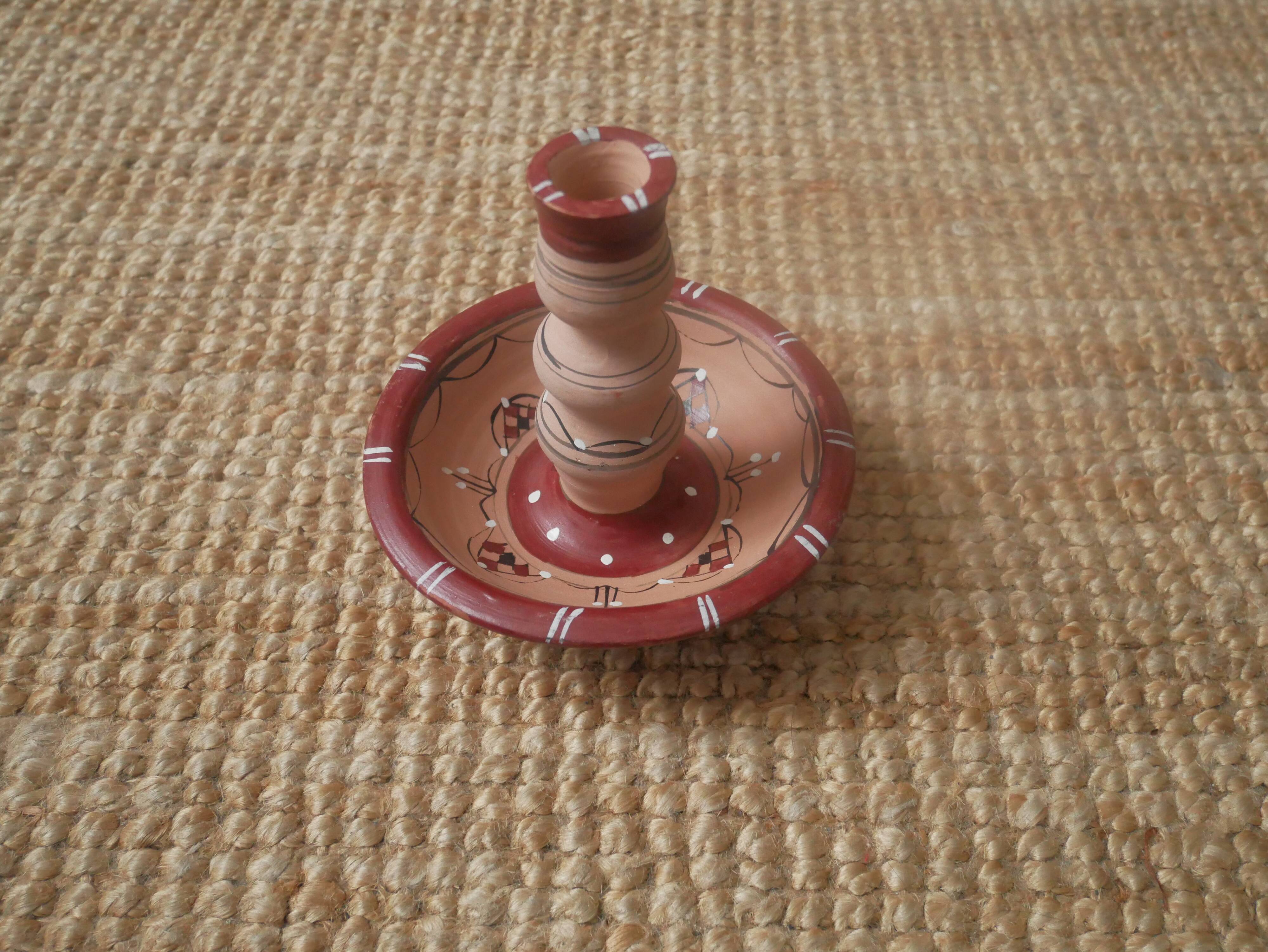 Hand-painted terracotta candle holder artisanal North African ethnic tribal design