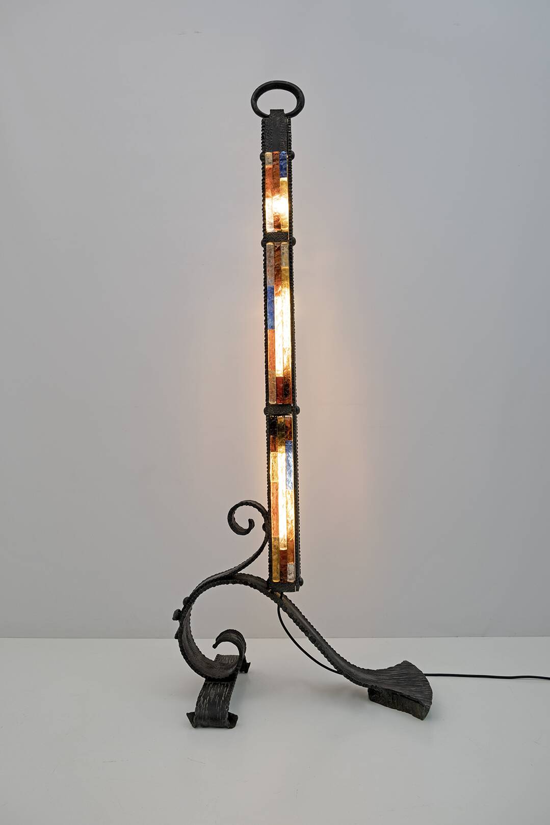 Poliarte Brutalist Italian Wrought Iron and Color Raw Glass Floor Lamp, 60