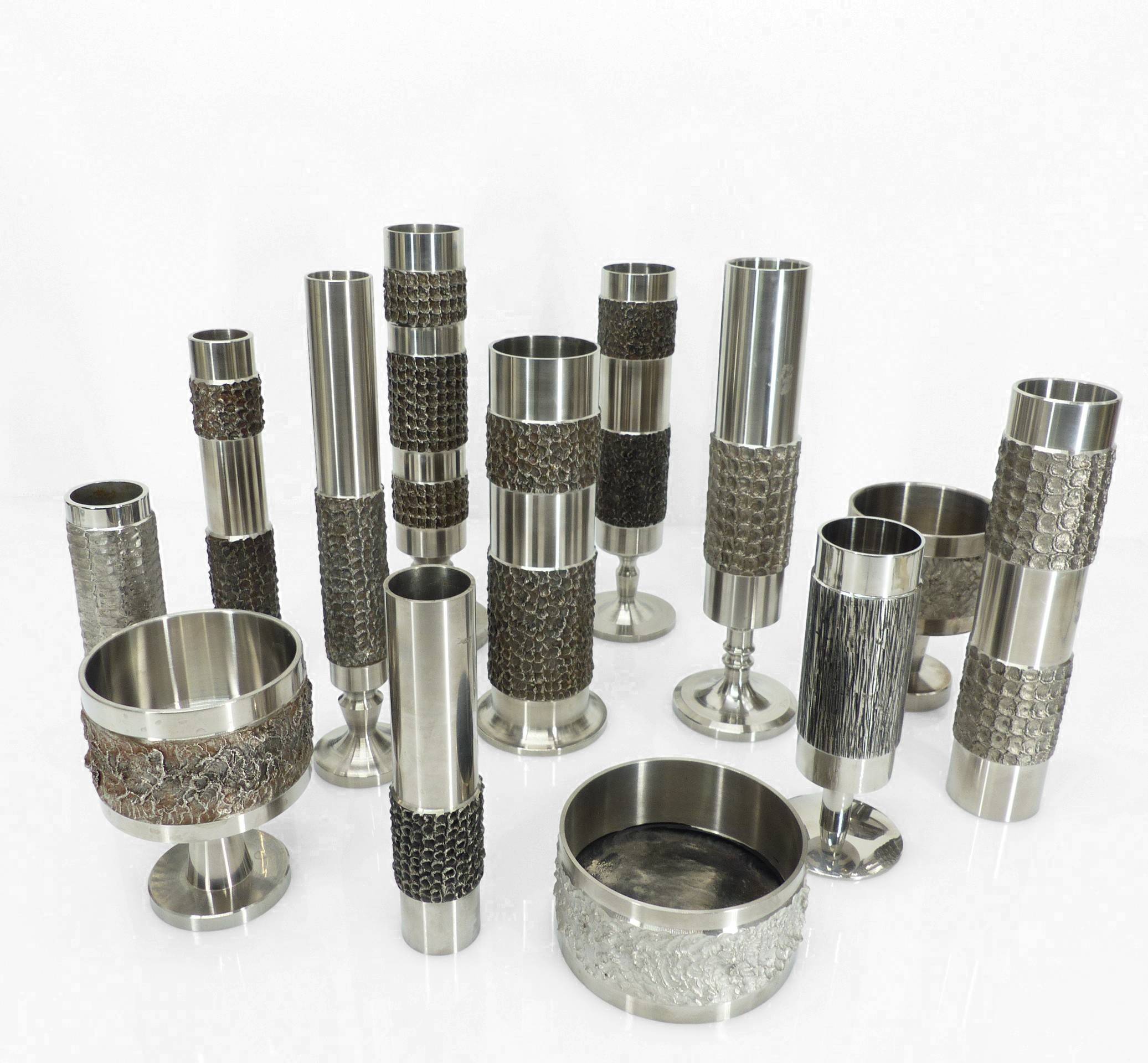 Set of 13 brutalist Space Age vases in steel – BMF, Germany, circa 1970