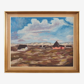 Peinture « Le village dans les nuages », design scandinave, années 1970