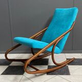 Ton, Thonet arm less rocking chair in blue velvet upholstery