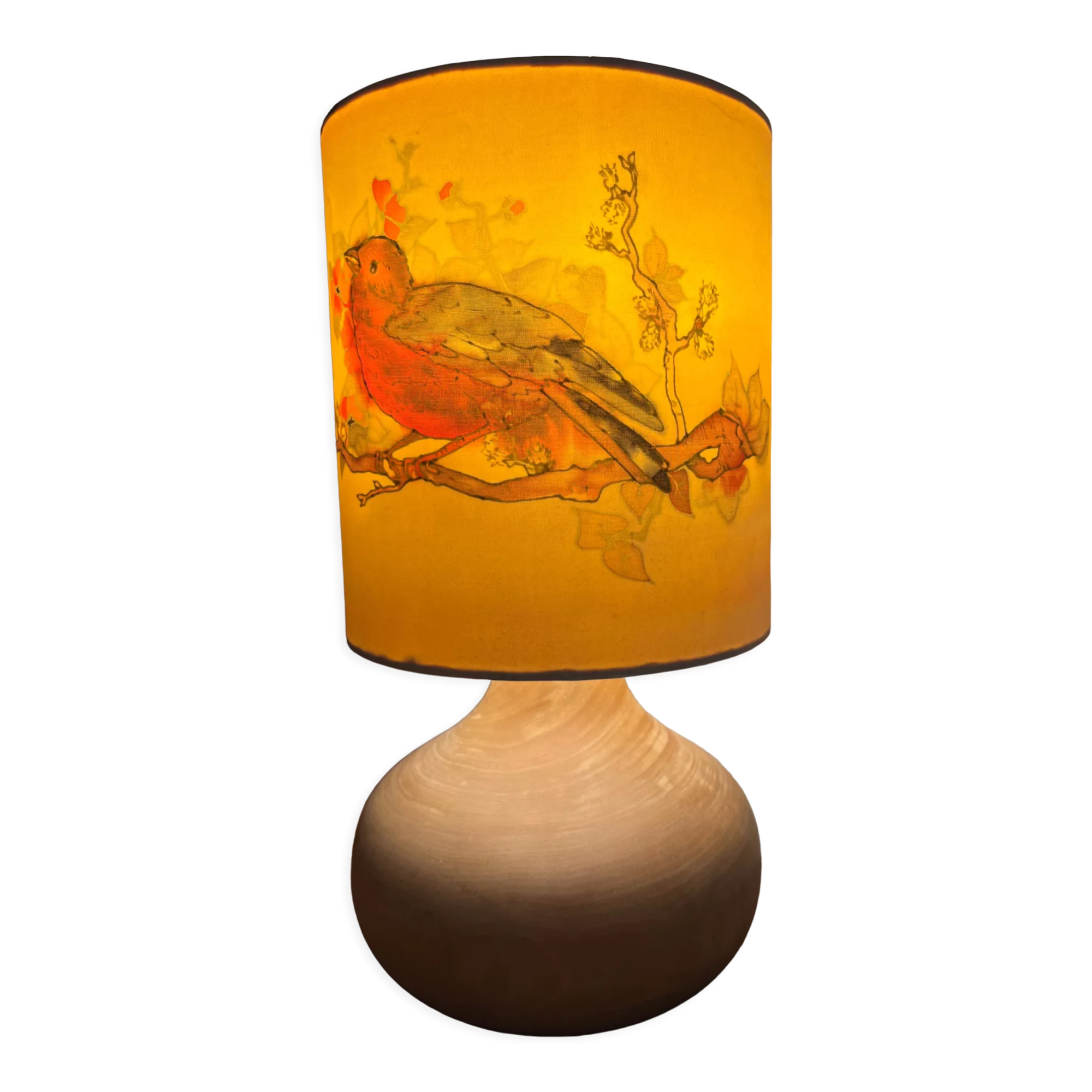 Wooden lamp and lampshade with bird decoration