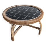 Round Black Tiled Rattan Coffee table 1960s