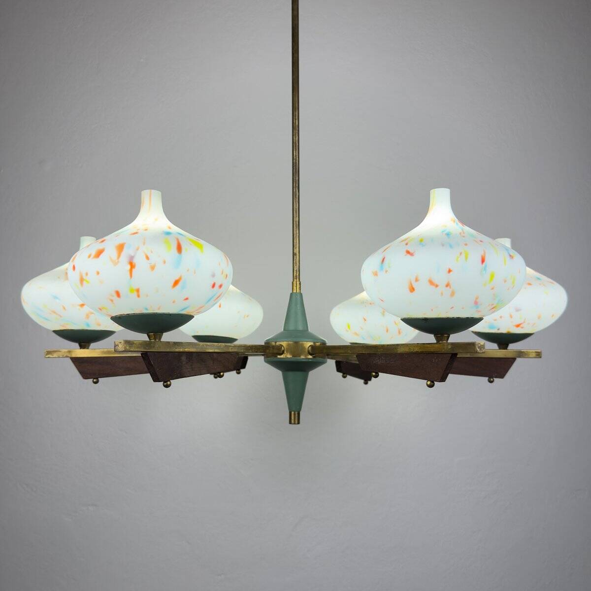 Mid-century chandelier with teak and Murano glass by Stilnovo, Italy, 1950s.