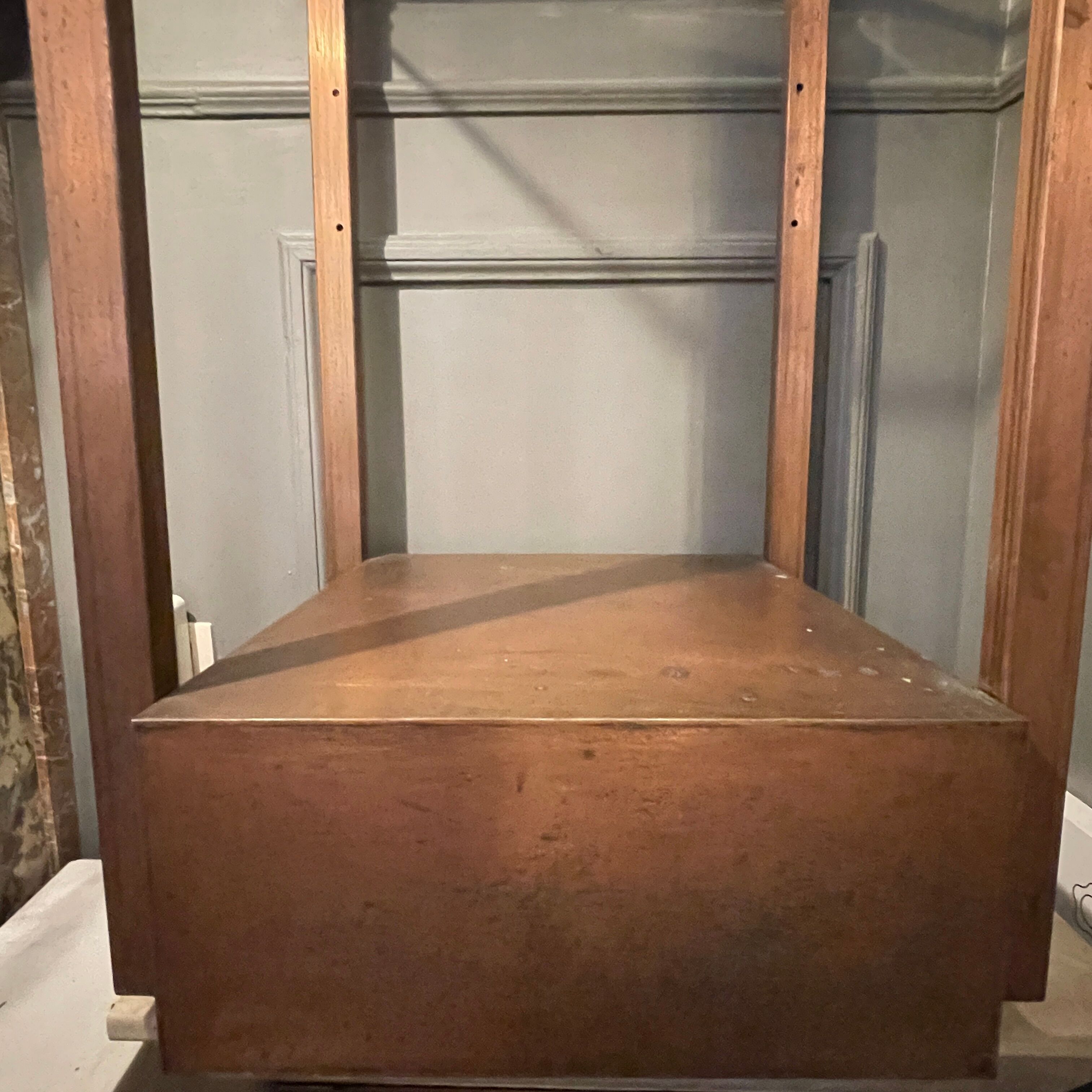 Vintage illuminated column shelf, copper steel, brutalist industrial design, ca 1970