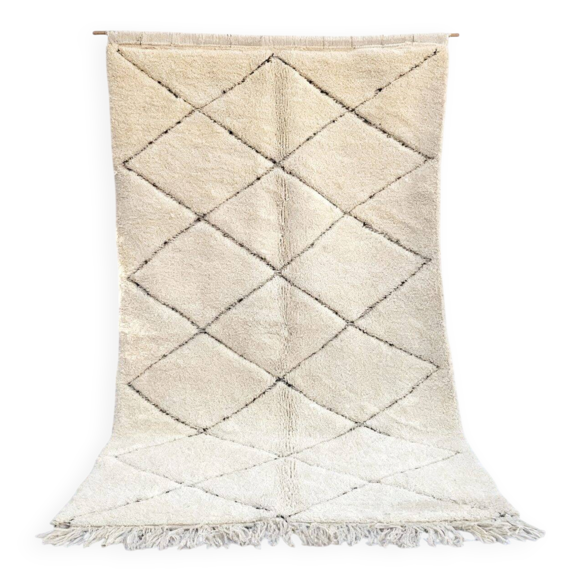 Tapis blanc Beni Ourain en laine 2.5X1.5m motif losange berbère tissé main