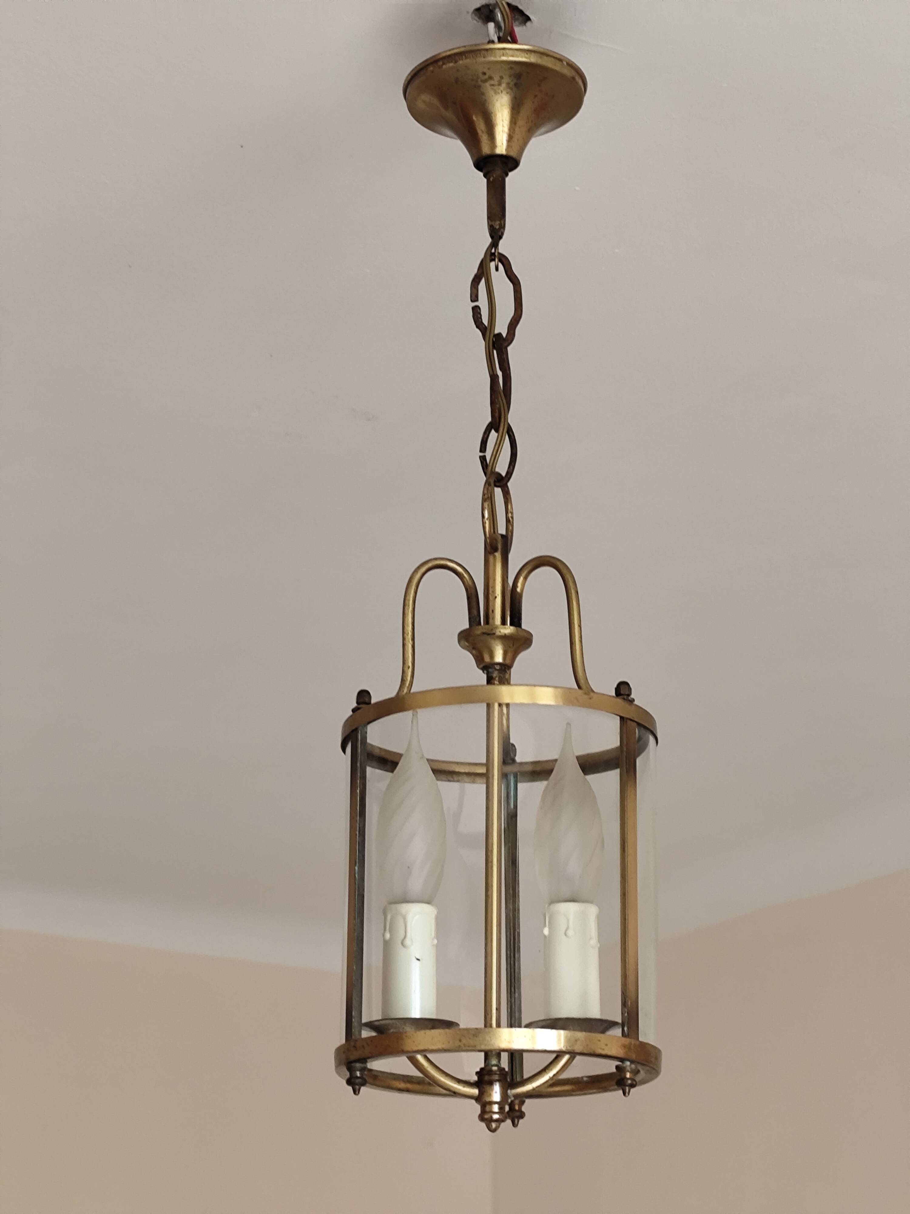 Cylindrical brass and glass lantern in Louis XVI style.