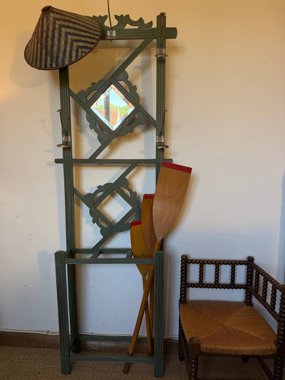 Art Deco coat rack in green patinated wood