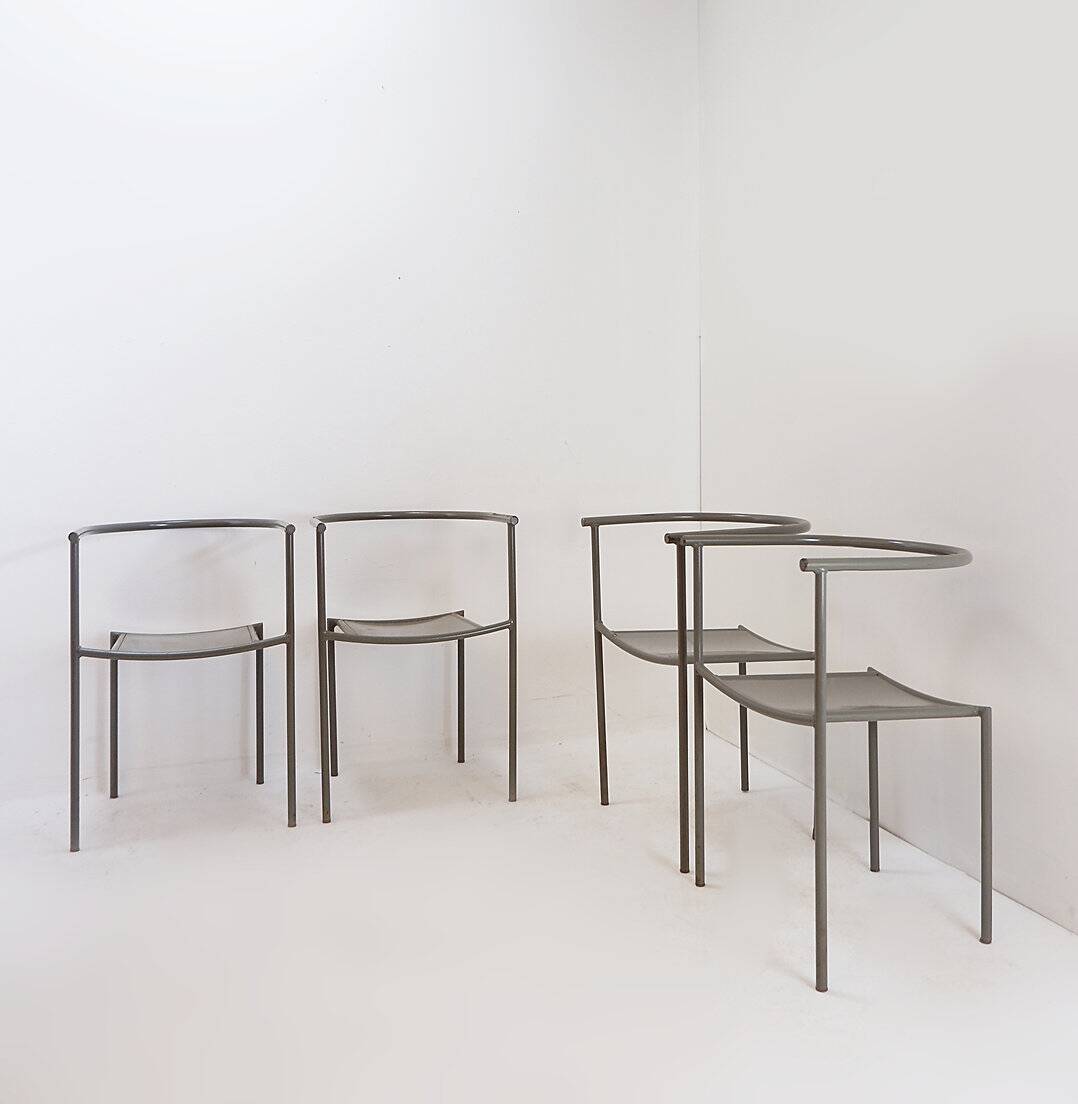 Set of 4 gray metal chairs in the style of Starck's "Von Vogelsans" model