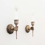 Pair of 1950’s solid metal ‘torch holding hand’ wall sconces by maison arlus