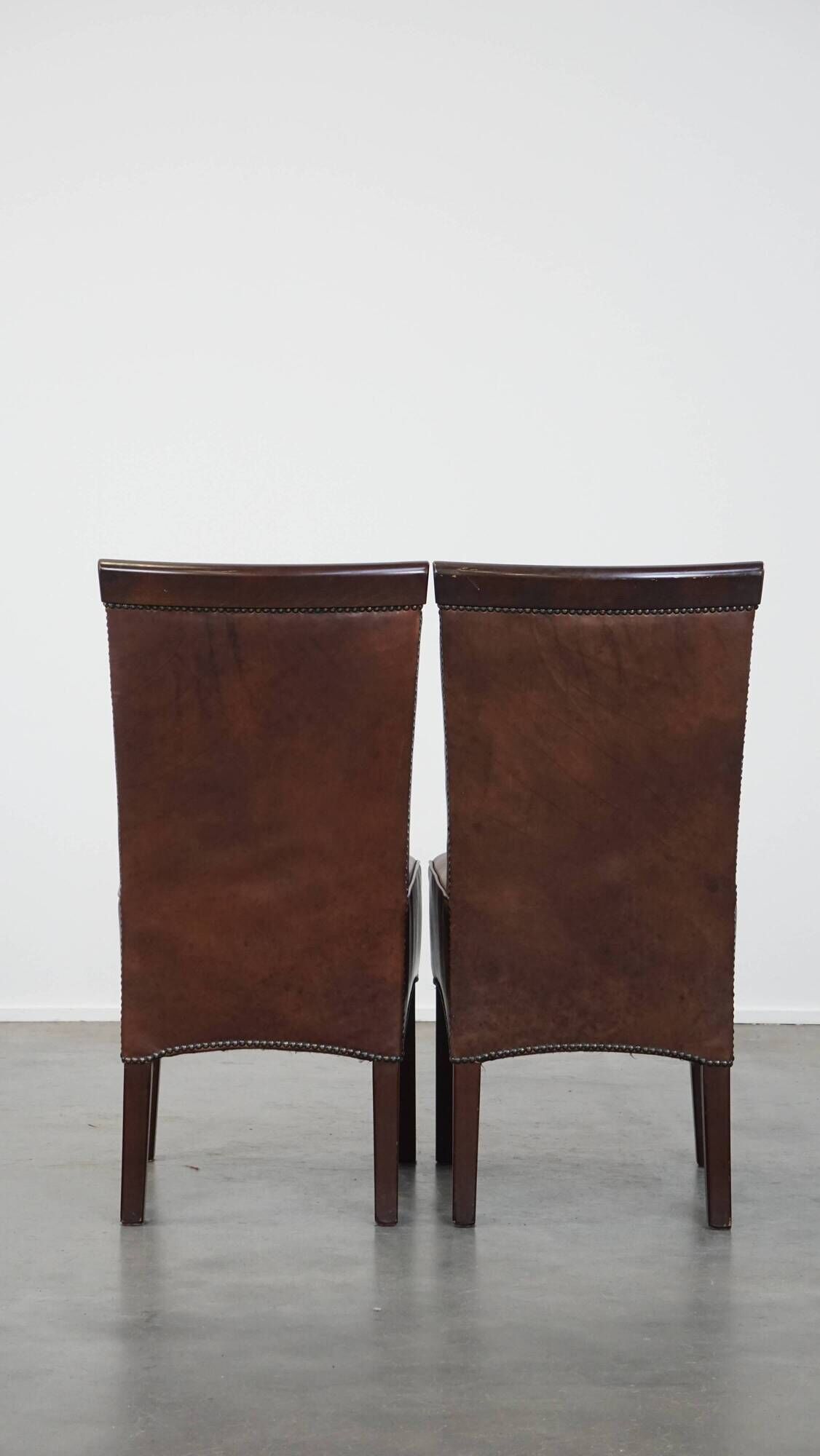 Set of 6 cognac-colored cowhide Art Deco design dining room chairs