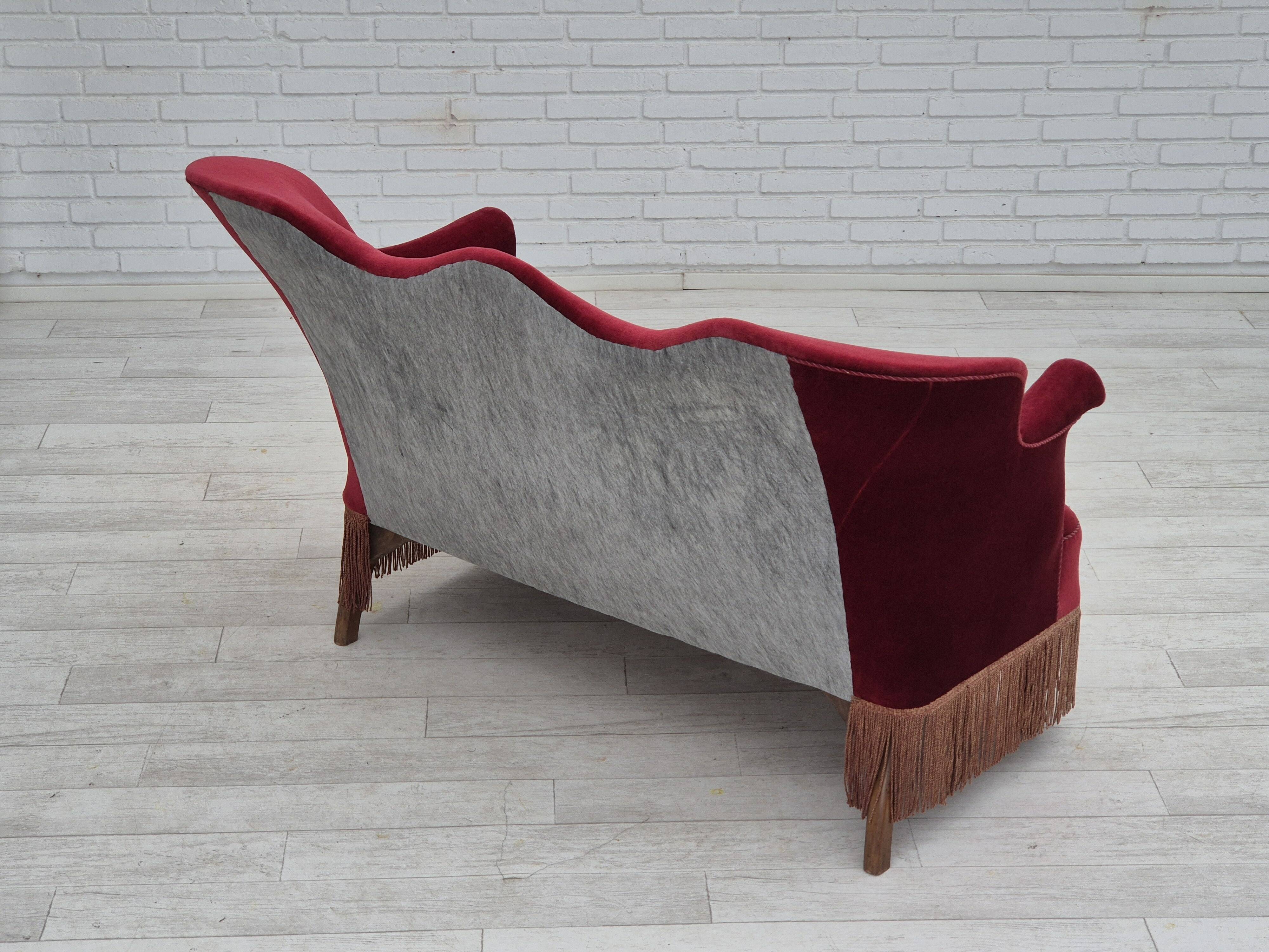 1950s, Danish 2-seater sofa, cherry-red furniture velour, ash wood.