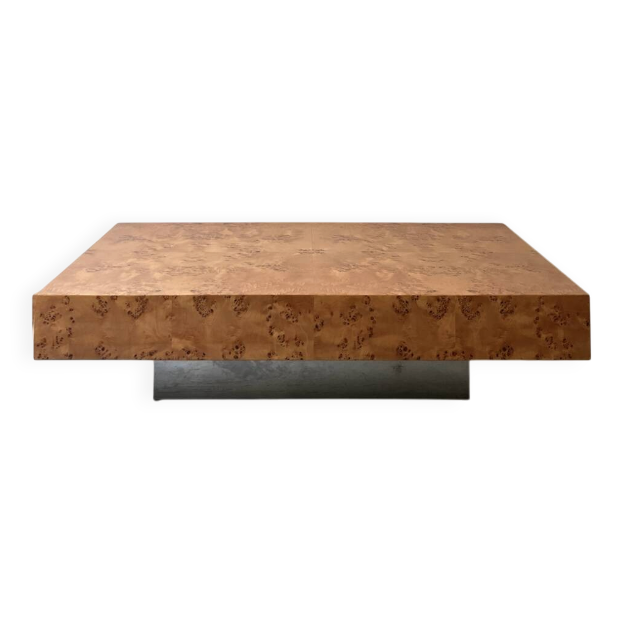 Coffee table with elm burl, integrated drawers, Mahey for Roche Bobois 1970.