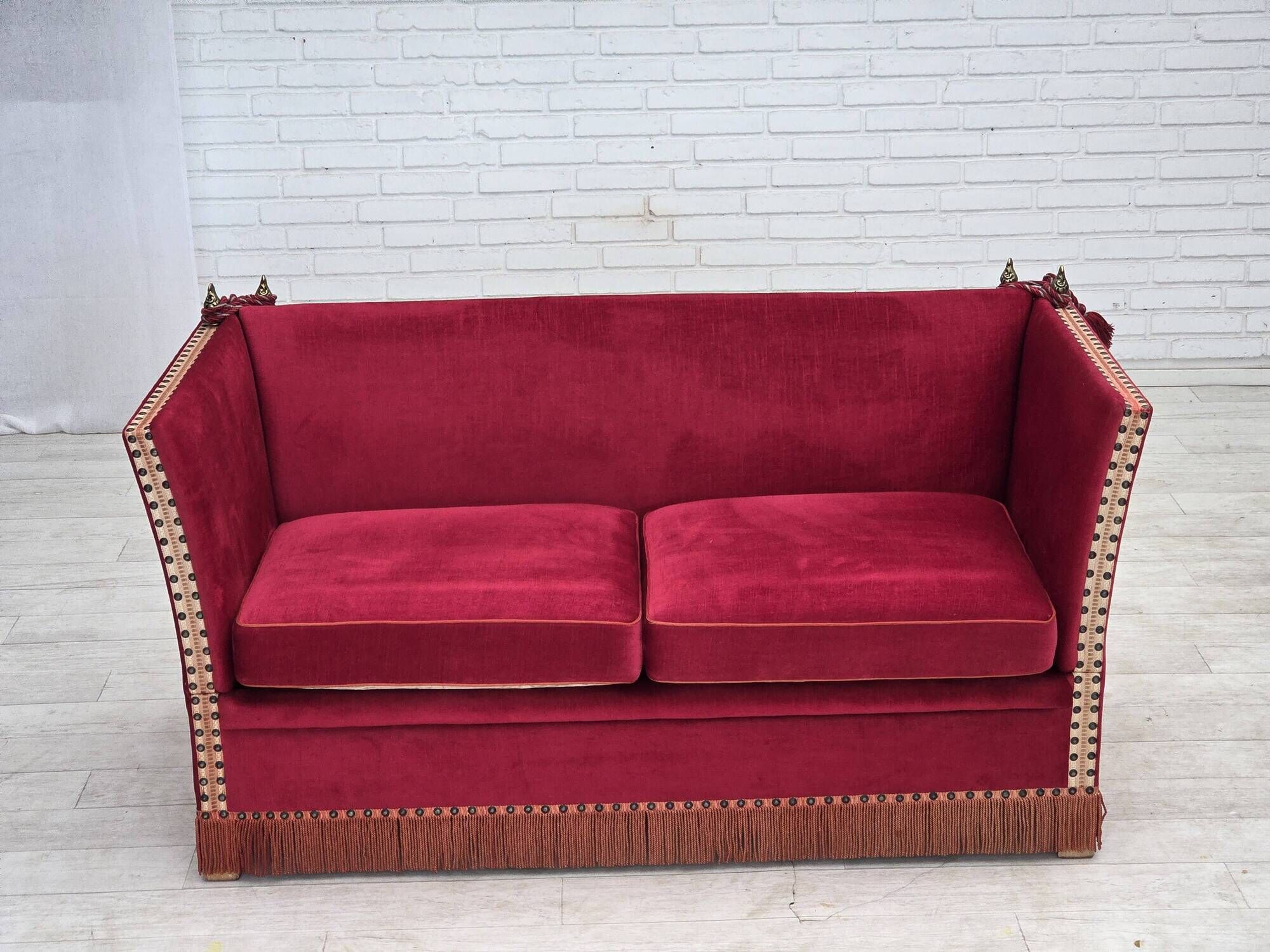 1970s, Danish 2-seater "Spanish" drop arm sofa, furniture velour.