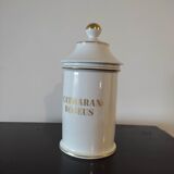 Pharmacy / apothecary pot in white earthenware decorated with gold net, "Catharan: Roseus signed Limoges