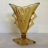 Old yellow glass vase triangular handles diamond base