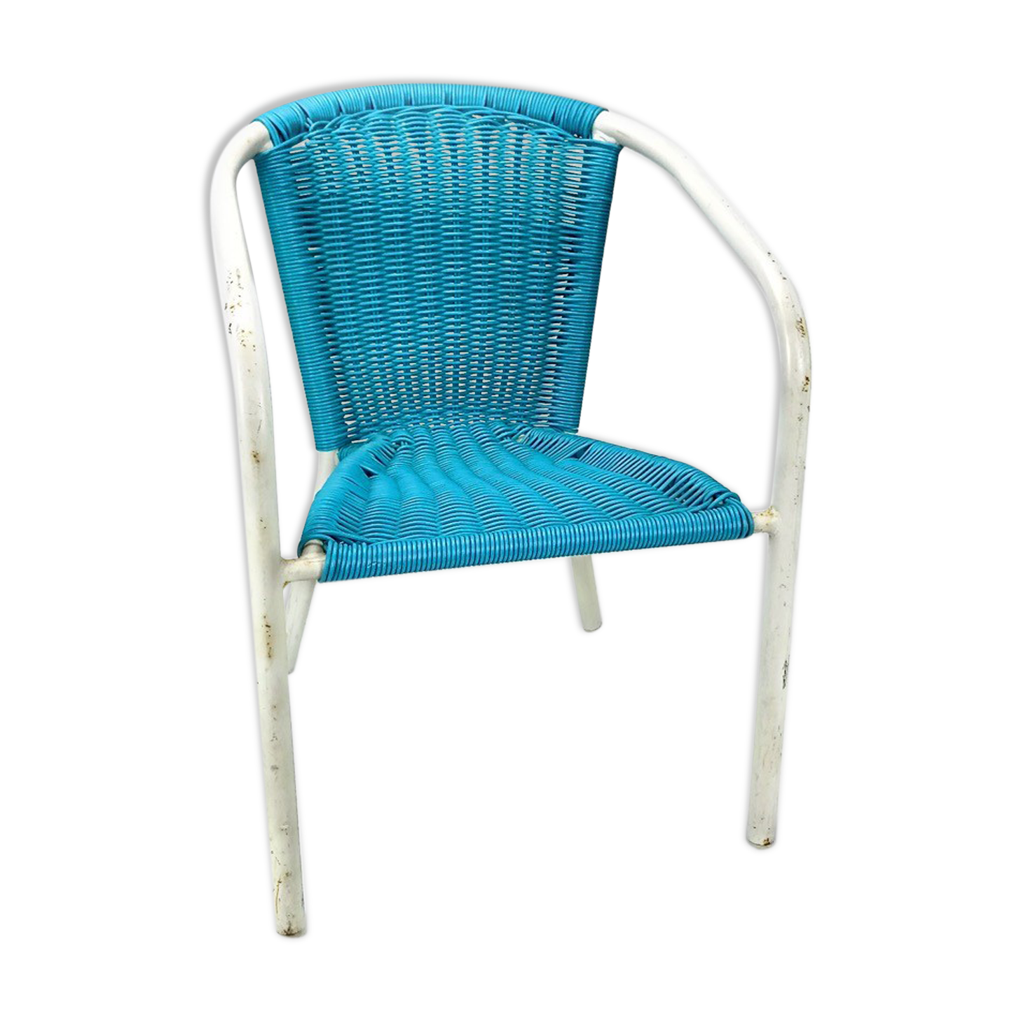 Children's armchair in white metal and turquoise blue scoubidou