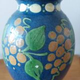 Pair of Primavera vases in blue ceramic with plant decoration 1920-1930