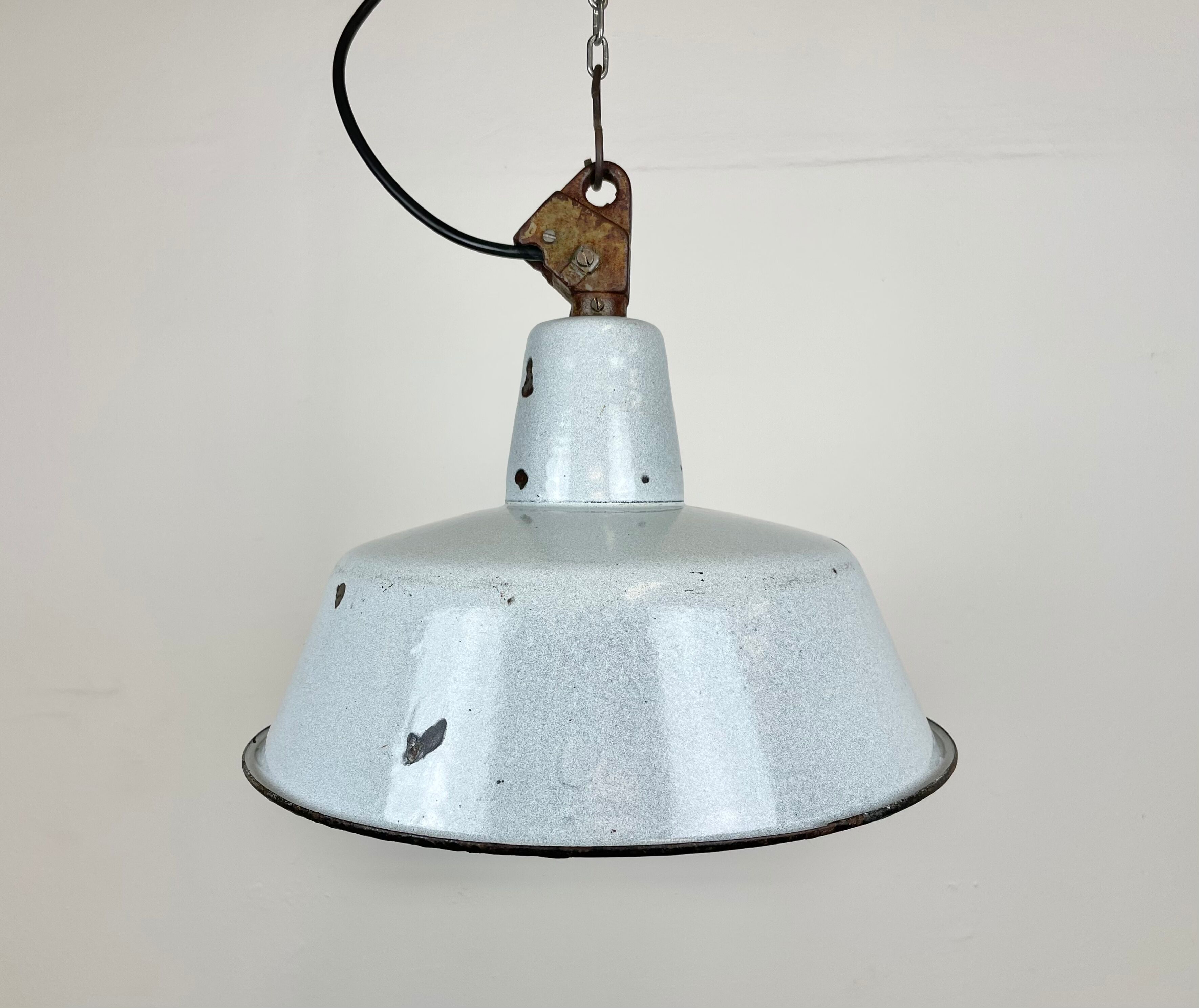 Industrial Grey Enamel Factory Lamp with Cast Iron Top, 1960s